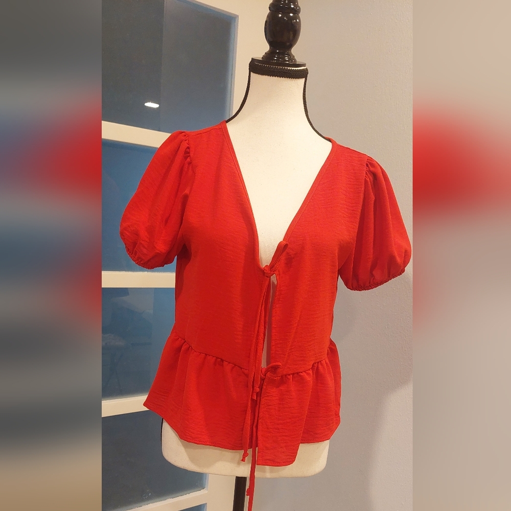 Elegant Red Puff Sleeve Blouse